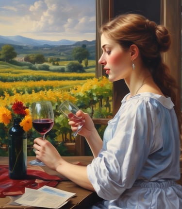 A cozy art studio with wine glasses and colorful paintings on the walls.