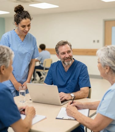 A diverse group of colleagues collaborating warmly around a table, sharing ideas with smiles.