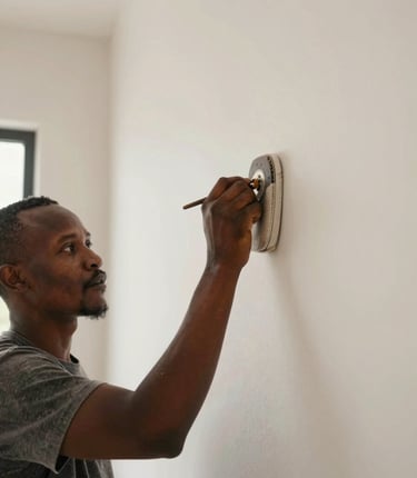 A focused shot of a Southern African artisan performing wall skimming in a modern residential interior, creating a smooth off-white surface, clean and professional lighting.