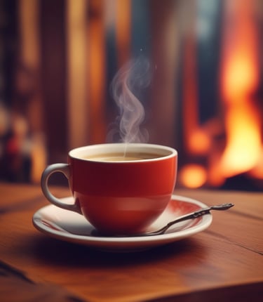 Close-up of a steaming cup of rich, dark coffee beside a burlap sack of organic coffee beans.