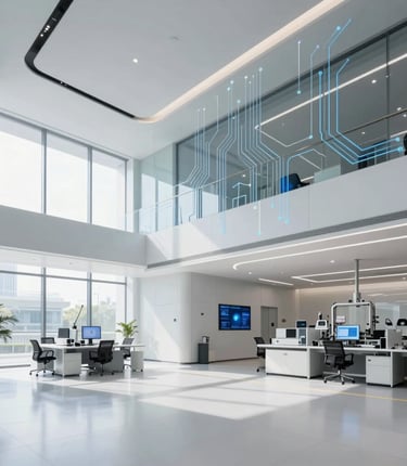 Modern electronics factory floor with advanced manufacturing equipment in operation under bright industrial lighting.