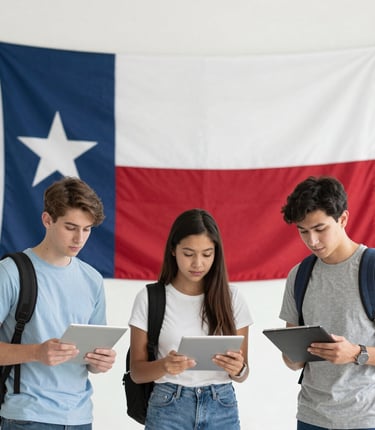 A group of diverse students smiling and holding textbooks in front of a school building.