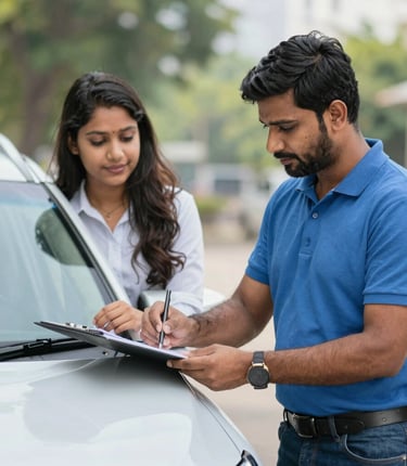 Professional surveyor examining documents with a client in a bright office.