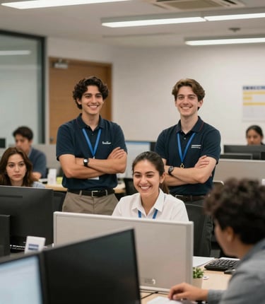 A team of professionals collaborating over laptops in a modern office space.