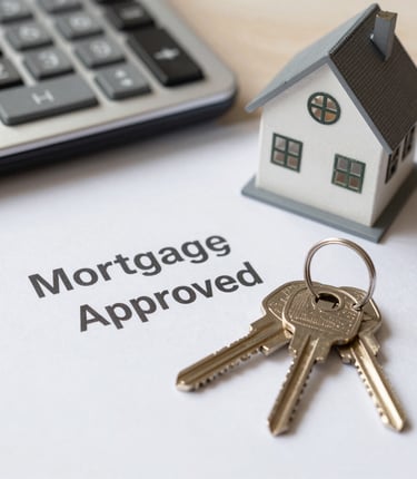 A calm, earthy blue-toned image of a happy family reviewing mortgage documents with a friendly broker.