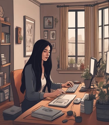 A small business owner working on a laptop in a cozy home office setting.