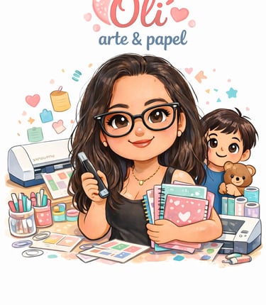 logo para Oli Arte e Papel mostrando a una mujer y niño con papeles