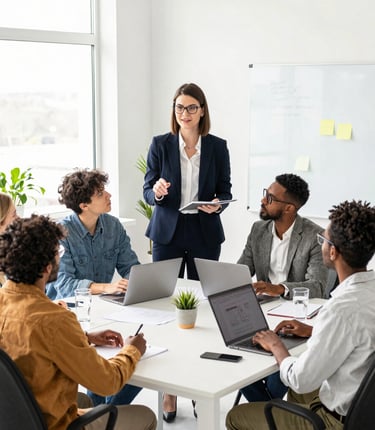 A confident business coach engaging with a small team in a bright, modern office.