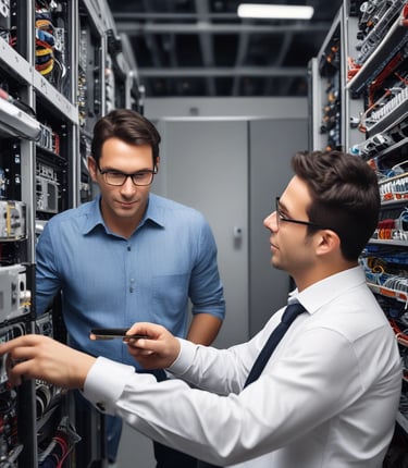 A diverse team collaborating enthusiastically around a laptop in a modern office with navy and electric blue accents.