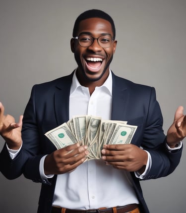 A friendly loan officer handing cash to a smiling customer in a bright office.