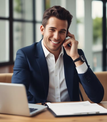 A professional team member making a confident cold call in a modern office setting.