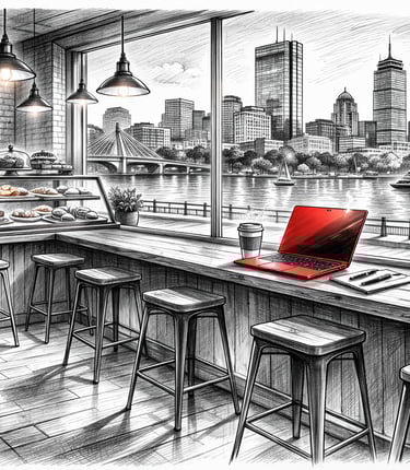 Pencil sketch of a cozy cafe interior with a red laptop and city skyline view.