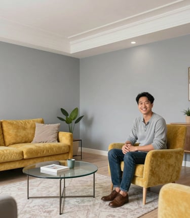 A friendly painter carefully applying navy blue paint to a home's exterior wall on a bright day.