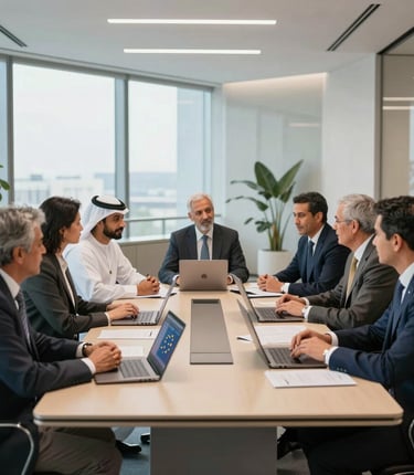 A dynamic circular network graphic in blue, teal, and copper tones symbolizing global consultancy connections.