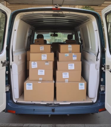 A courier in branded Odd Enterprises gear carefully handling a temperature-controlled medical package in a delivery van.