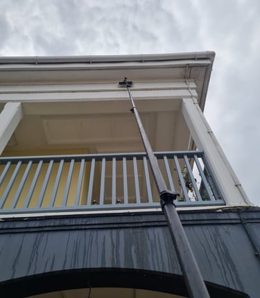 Cleaning fascia with window fed pole