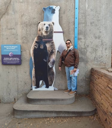 Luis standing next to a trio of bear cutoffs to compare his height.