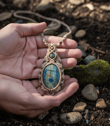 Collar de macramé hecho a mano con un colgante de piedra de labradorita sostenido por manos abiertas