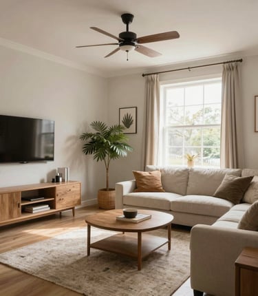 A friendly cleaner in aqua uniform gently wiping a sunlit window in a cozy living room.