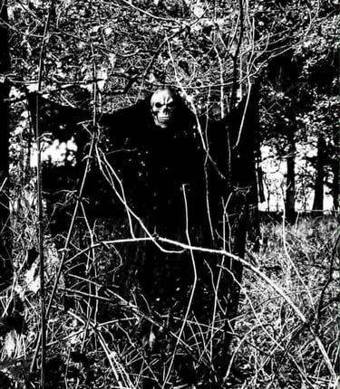 Black and white photo of a hooded and robed skeleton lurking in dense undergrowth