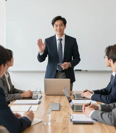 A confident leader standing before a team, pointing towards a bright horizon symbolizing change and growth.