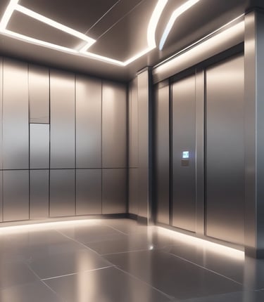 A modern elevator shaft with glass walls inside a high-rise commercial building.