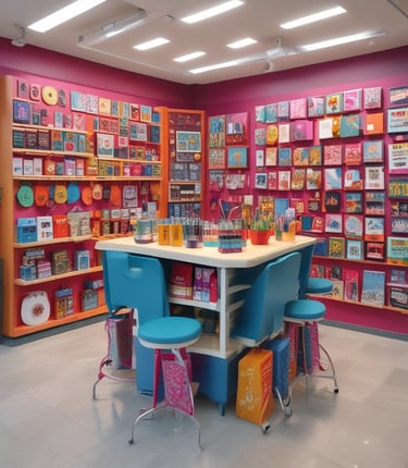 A vibrant display of custom-branded tote bags, caps, and notebooks arranged on a sleek table at a corporate event.