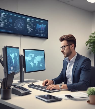 A calm office scene at night with a glowing computer screen showing an AI interface managing calls.