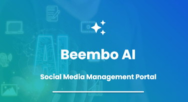 Beembo AI social media management portal logo on a blue background with digital icons.