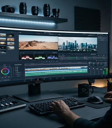 Professional video editor using DaVinci Resolve on a curved ultrawide monitor for color grading.
