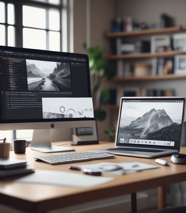 A sleek workspace with dual monitors displaying vibrant video editing and graphic design projects.