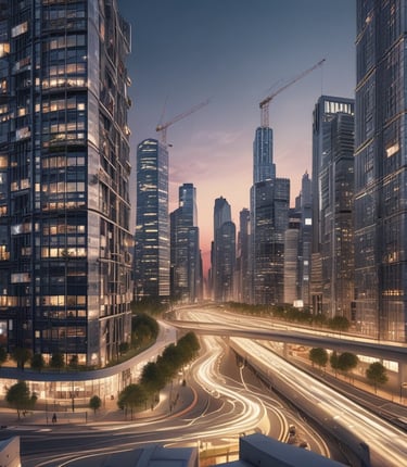 A professional team discussing blueprints at an airport construction site during sunset.