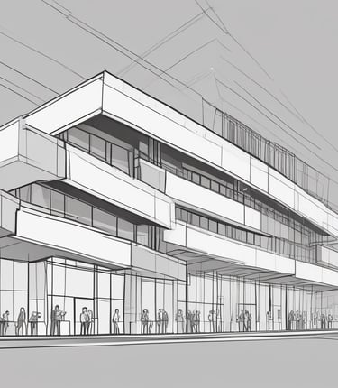 A professional team discussing blueprints at an airport construction site during sunset.