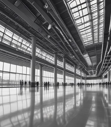 A professional team discussing blueprints at an airport construction site during sunset.