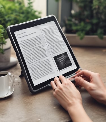 Personne lisant le eBook REGENERATION sur une tablette en terrasse, accompagnée d'une tasse de café