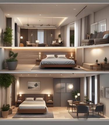 A warmly lit room at Green Leaf Residency showcasing modern decor with navy blue and parrot green accents and a comfortable bed.