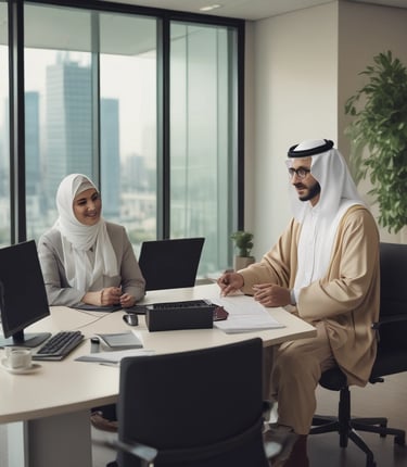 A friendly insurance broker discussing financing options with a client in a modern office.