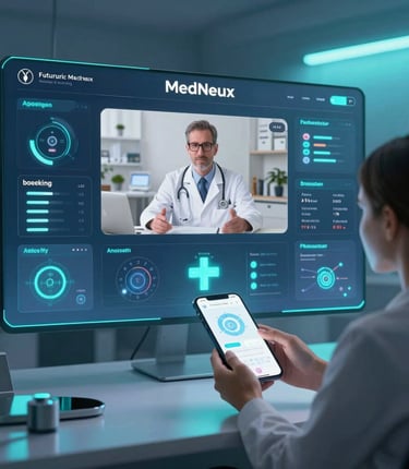 A sleek glassmorphism card displaying a smiling doctor consulting a patient via video call on a tablet.