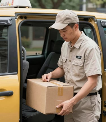 A professional courier in uniform holding a package beside a delivery van at dawn.