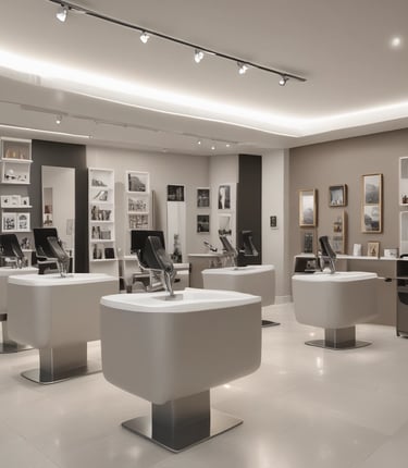 A warm, inviting studio interior with a stylist fitting a client with a natural-looking wig.