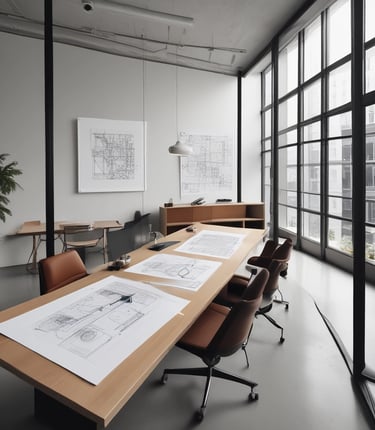 A team of architects and builders collaborating over blueprints in a bright, modern office.