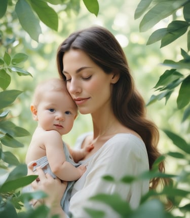 A mother gently holding her baby surrounded by soft, natural-colored products.