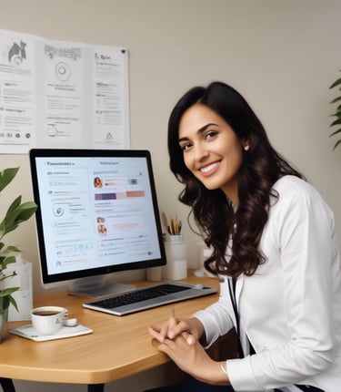 A friendly health coach reviewing biomarker data with a smiling client in a bright, modern home office.