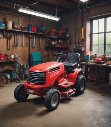 a red lawn mower parked in an organized tool shed