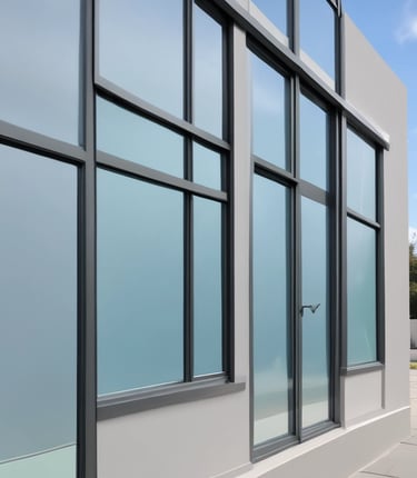 Dark mode photo of a professional window cleaner carefully wiping a large glass pane with city lights reflected.