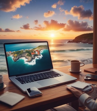 A cozy workspace with a laptop open to a travel planning spreadsheet, surrounded by a map and travel essentials.