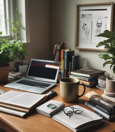 Portrait of a smiling woman surrounded by books in a cozy, sunlit room.