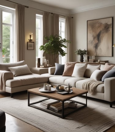 A cozy living room corner with soft blankets, warm lighting, and curated décor pieces.