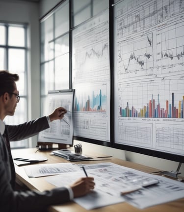 A professional team collaborating in a modern office space with digital blueprints and laptops.