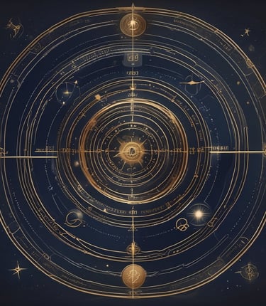 Elegant cosmic-themed astrology chart glowing softly against a dark starry background